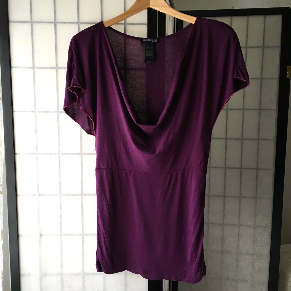 Kenneth Cole New York Cowl Neck Purple Top Flowy Flutter Sleeves Rayon Size XS